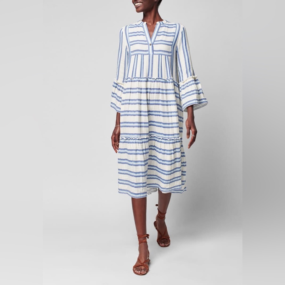 Faherty Dream Cotton Gauze Vida Midi Dress – Size Large Blue Baja Stripe